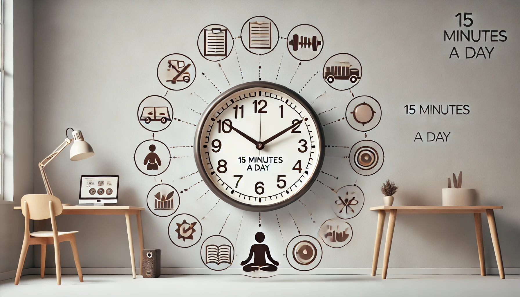 Clock set at 15 minutes past the hour with icons representing various productive activities, symbolizing the power of dedicating 15 minutes a day to achieve goals.