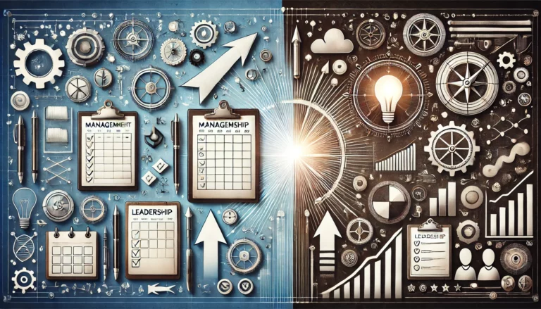 Illustration of the concept of leadership versus management, with the left side symbolizing management through organized tools like a clipboard, calendar, and checklists, and the right side symbolizing leadership with a compass, rising arrow, and light bulb, representing vision, strategy, and innovation