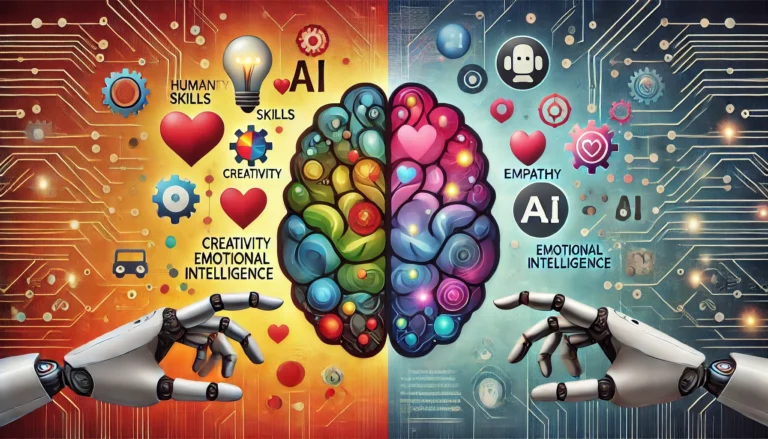 Illustration showing human skills versus AI with a colorful brain symbolizing creativity, empathy, and communication, contrasted with a robotic hand representing AI capabilities. The image emphasizes the value of human emotional intelligence and creativity in contrast to AI's mechanical abilities